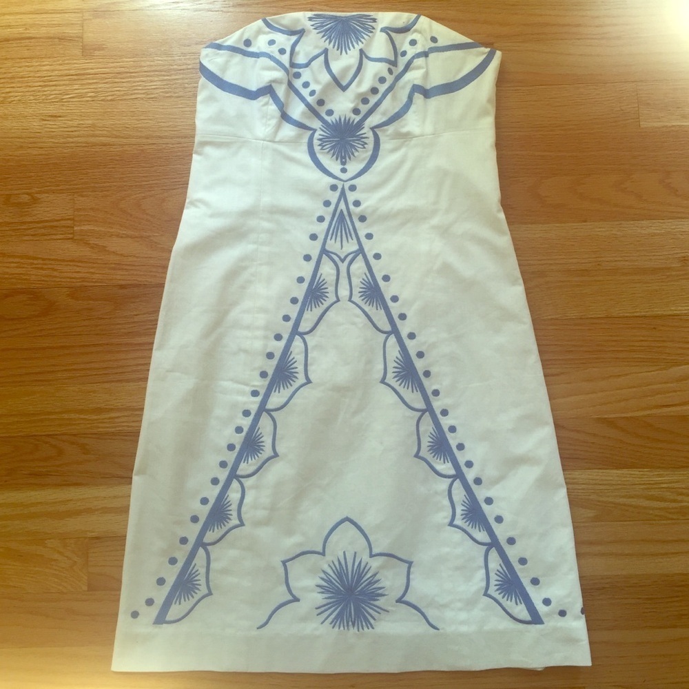 "Bowen" White & Blue Embroidered Strapless Dress